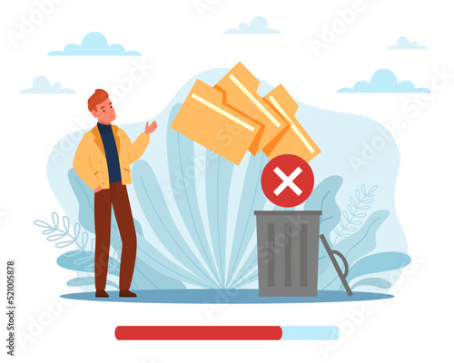 Delete, moving unnecessary files to trash. Clearing documents, optimization computer memory, man near garbage bin, cleansing software. Cache and spam on website vector cartoon flat concept