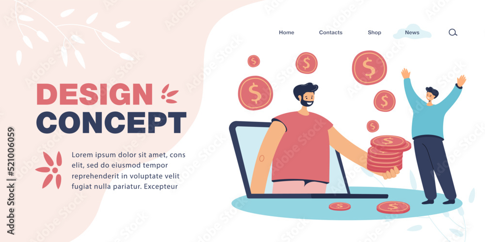 Happy tiny man getting cash prize or winning lottery. Male character giving stack of coins through laptop screen flat vector illustration. Success, investment concept for banner or landing web page