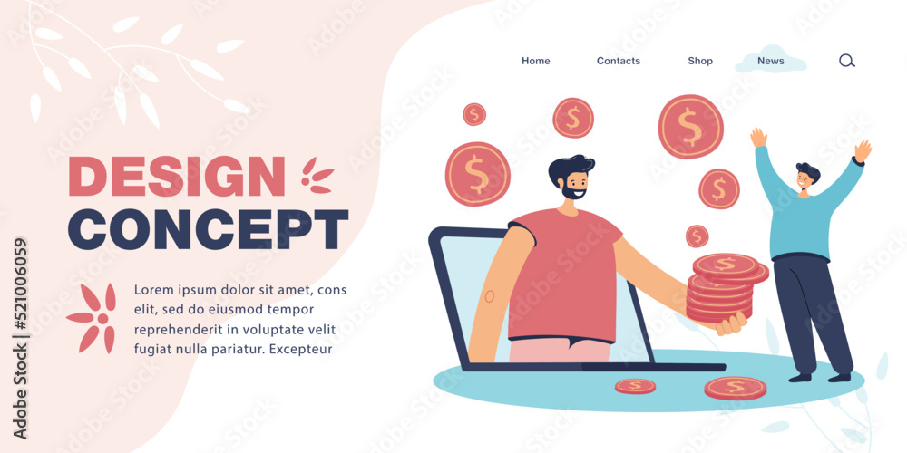 Happy tiny man getting cash prize or winning lottery. Male character giving stack of coins through laptop screen flat vector illustration. Success, investment concept for banner or landing web page Happy tiny man getting cash prize or winning lottery. Male character giving stack of coins through laptop screen flat vector illustration. Success, investment concept for banner or landing web page