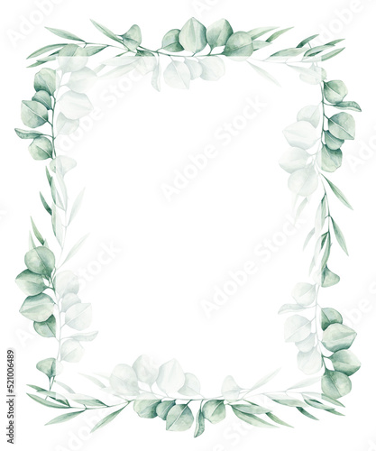 Watercolor illustration card with eucalyptus frame and white square. Isolated on white background. Hand drawn clipart. Perfect for card  postcard  tags  invitation  printing  wrapping.