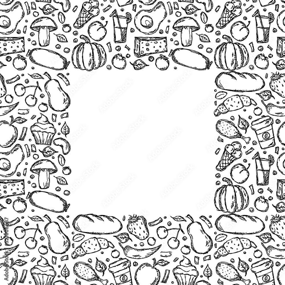 Seamless food background. Doodle vector food frame with place for text. Black and white food illustration