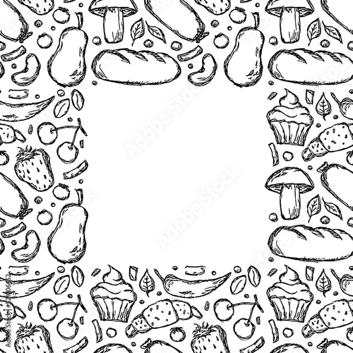 Seamless food background. Doodle vector food frame with place for text. Black and white food illustration
