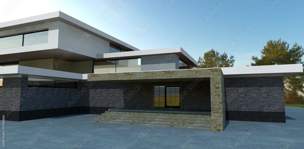 Front entrance to a luxurious building. Large mirror doors. Finishing the porch is old slate. 3d render. Front entrance to a luxurious building. Large mirror doors. Finishing the porch is old slate. 3d render.