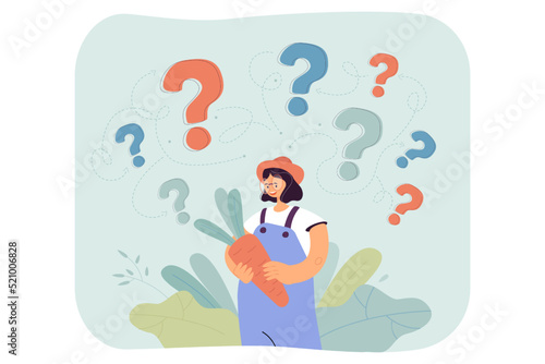 Question marks around cartoon girl holding big carrot. Woman thinking about eating healthy food flat vector illustration. Farming, agriculture, nutrition concept for banner or landing web page