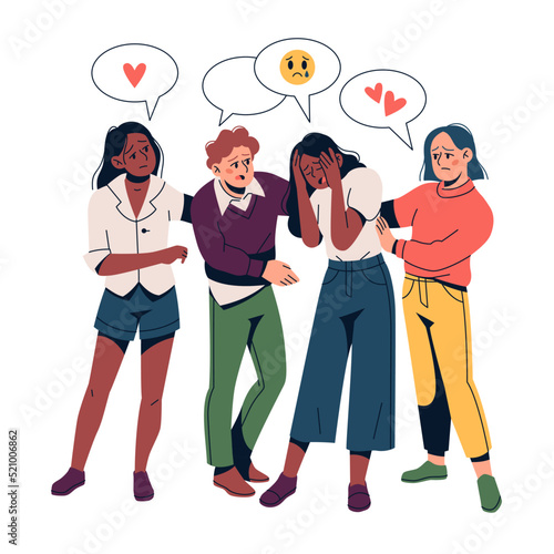 Group support. Friends comfort frustrated and sad girl, help of loved ones, calming together, psychological assistance, friendly conversation tidy vector cartoon flat style concept