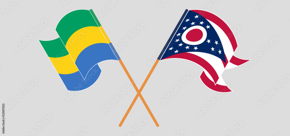 Crossed flags of Gabon and the State of Ohio. Official colors. Correct proportion