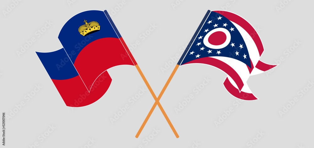 Crossed flags of Liechtenstein and the State of Ohio. Official colors. Correct proportion