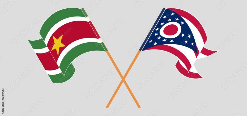 Crossed flags of Suriname and the State of Ohio. Official colors. Correct proportion