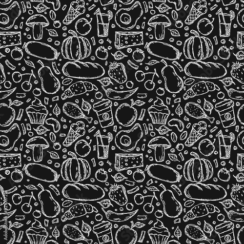 Seamless food pattern. Doodle vector food background. Black and white food illustration