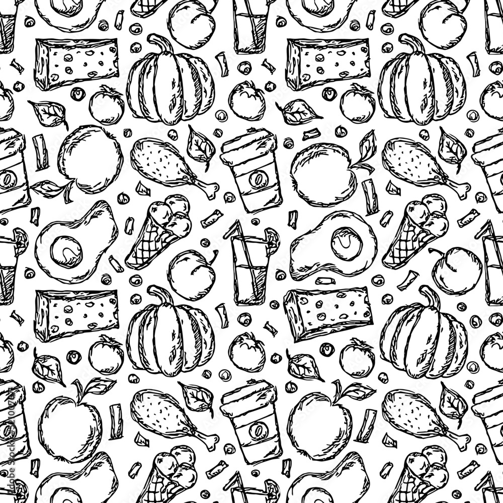 Seamless food pattern. Doodle vector food background. Black and white food illustration