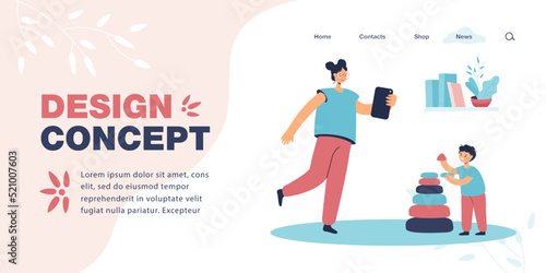 Mother or sister taking photo of son or brother with phone. Little boy playing with stacking pyramid toy flat vector illustration. Family, communication concept for banner or landing web page