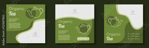 Organic tea social media post, banner set, warm beverage store advertisement concept, classic tea pot marketing square ad template, herbal drinks shop abstract print, isolated on background
