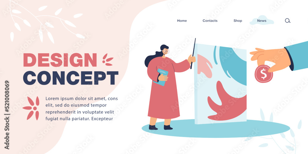 Huge hand giving gold coin to artist flat vector illustration. Person or client paying designer for order or drawing. Art, money, occupation concept for banner, website design or landing web page