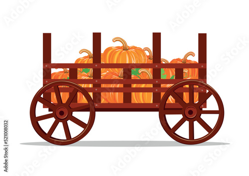 Happy Thanksgiving. Pumpkin harvest in an old wooden cart. Vector illustration isolated on white background for poster or flyer.