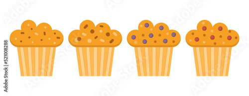 Set of muffins color vector icons with chocolate and berry. Flat cupcakes illustration. Cake desserts design.