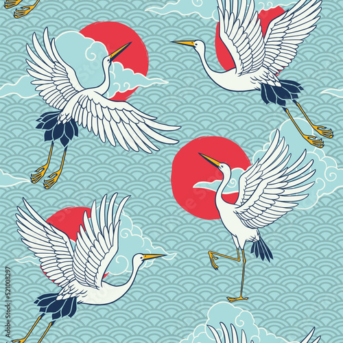 Japanese Heron Seamless Pattern Art
