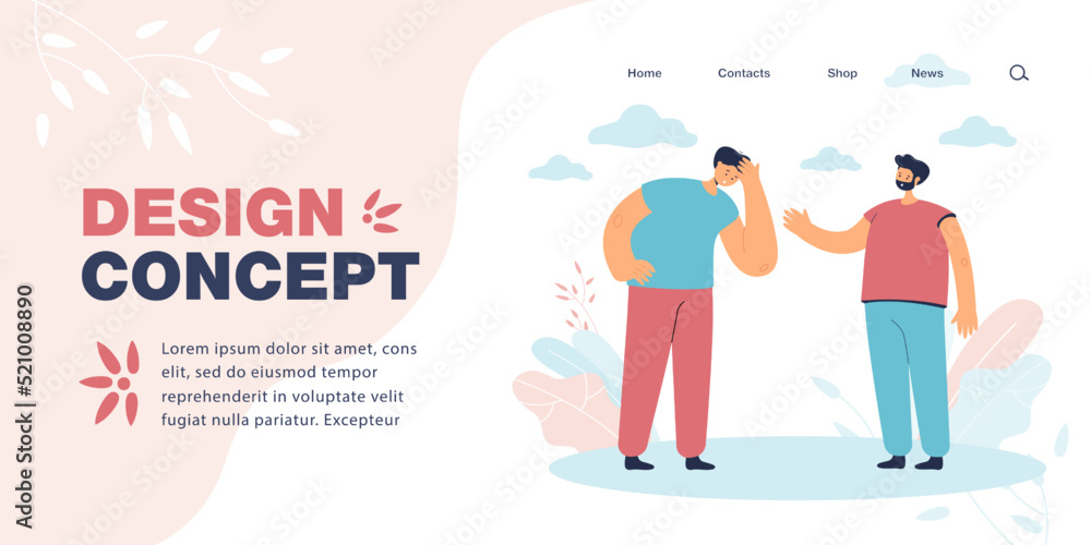 Sad person holding head with hands flat vector illustration. Person helping his male friend, comforting, supporting. Friendship, stress concept for banner, website design or landing web page