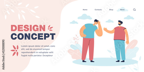 Sad person holding head with hands flat vector illustration. Person helping his male friend, comforting, supporting. Friendship, stress concept for banner, website design or landing web page