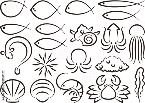 シンプルな線画の魚介類　シーフード　イラストセット