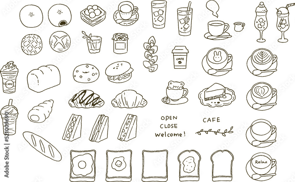 シンプルなタッチ　色々なパンとカフェモチーフのイラストレーションセット
