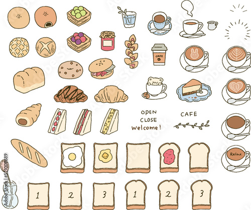 シンプルなタッチ　色々なパンとカフェモチーフのイラストレーションセット
