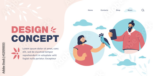 Man taking picture of girl with parrot flat vector illustration. Happy character paying for photo with wild animal. Violence concept for banner, website design or landing web page