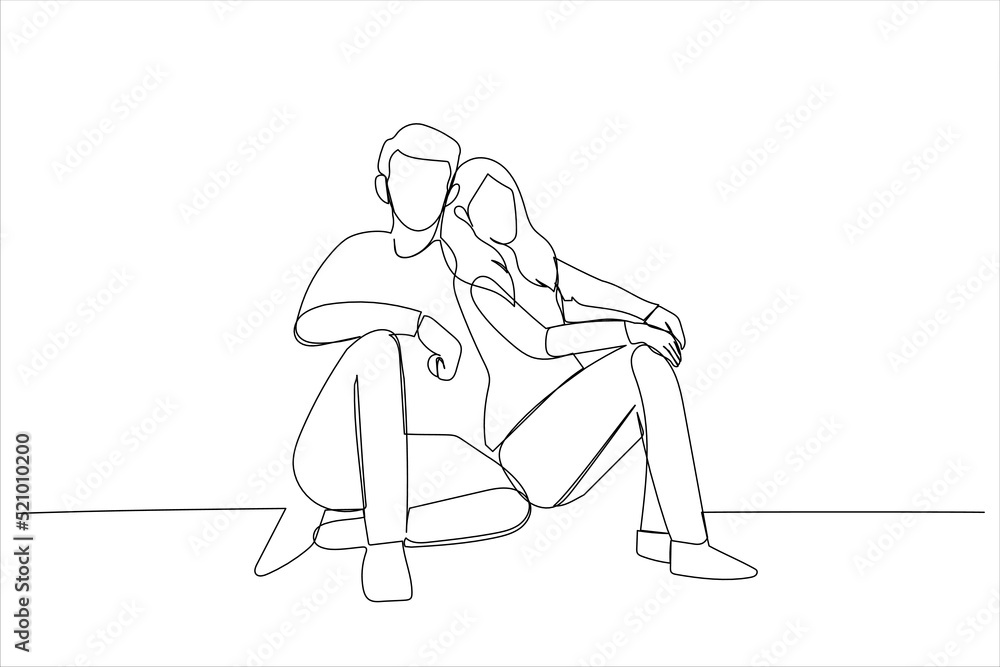 Cartoon of adorable guy lady dressed white shirts sitting floor looking empty space. Continuous line art style