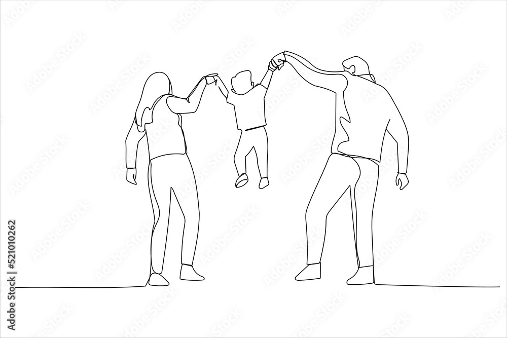 Cartoon of happy family in the park. Parents hold the baby's hands. Single continuous line art style
