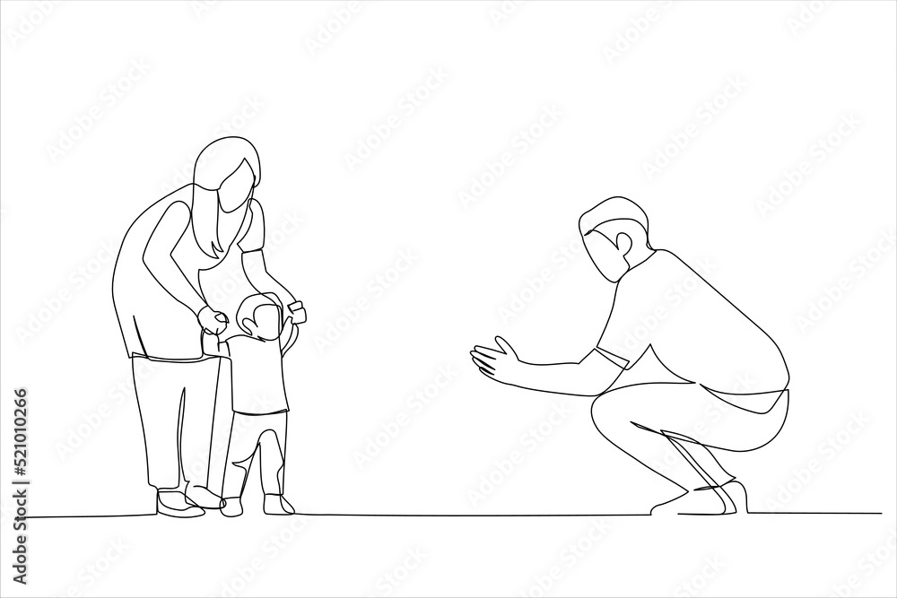 Illustration of happy family playing and baby learning to walk at home. One line art style Illustration of happy family playing and baby learning to walk at home. One line art style