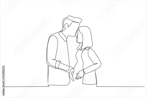 Drawing of loving couple waiting for baby, young husband touching pregnant wife belly. Single line art style