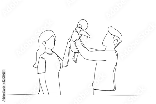 Drawing of father lifting new born baby boy on the air and kissing him, mother is watching on the side. Single line art style