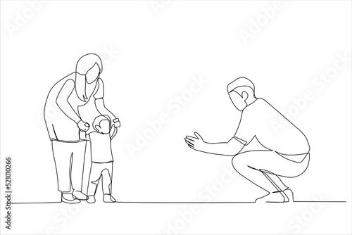 Illustration of happy family playing and baby learning to walk at home. One line art style