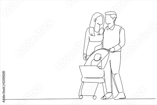 Cartoon of young mother and father walking outdoors with baby in stroller. Single continuous line art style