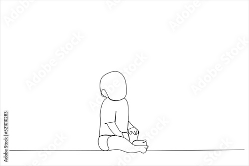 Drawing of happy little baby boy or girl sitting on floor at home. Single line art style