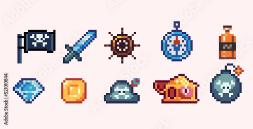 Pirate symbols pixel art set. Treasure, black flag, rum, compass, weapon and bomb collection. 8 bit sprite. Game development, mobile app.  Isolated vector illustration.