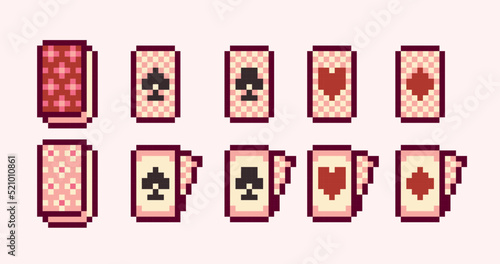 Card deck pixel art set. Poker, bridge, blackjack, casino collection. 8 bit sprite. Game development, mobile app.  Isolated vector illustration.