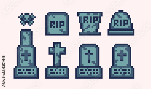 Grave, tombstone pixel art set. Graveyard, gravestone collection. 8 bit sprite. Game development, mobile app.  Isolated vector illustration.
