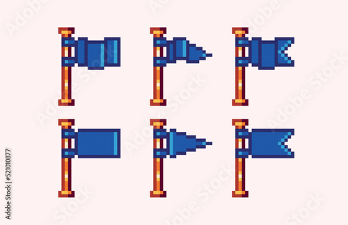 Waving flags pixel art set. Flagpole collection. 8 bit sprite. Game development, mobile app.  Isolated vector illustration.