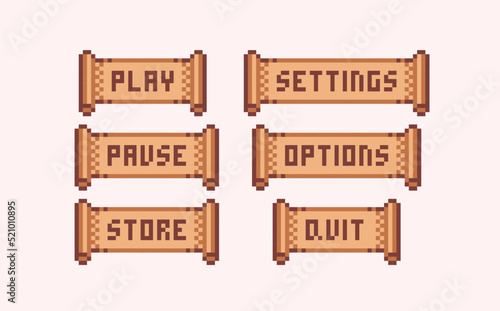 Manuscript game buttons pixel art set. Papyrus scroll menu interface collection. Blank paper sheet. Play, settings, pause. 8 bit sprite. Game development, mobile app.  Isolated vector illustration.