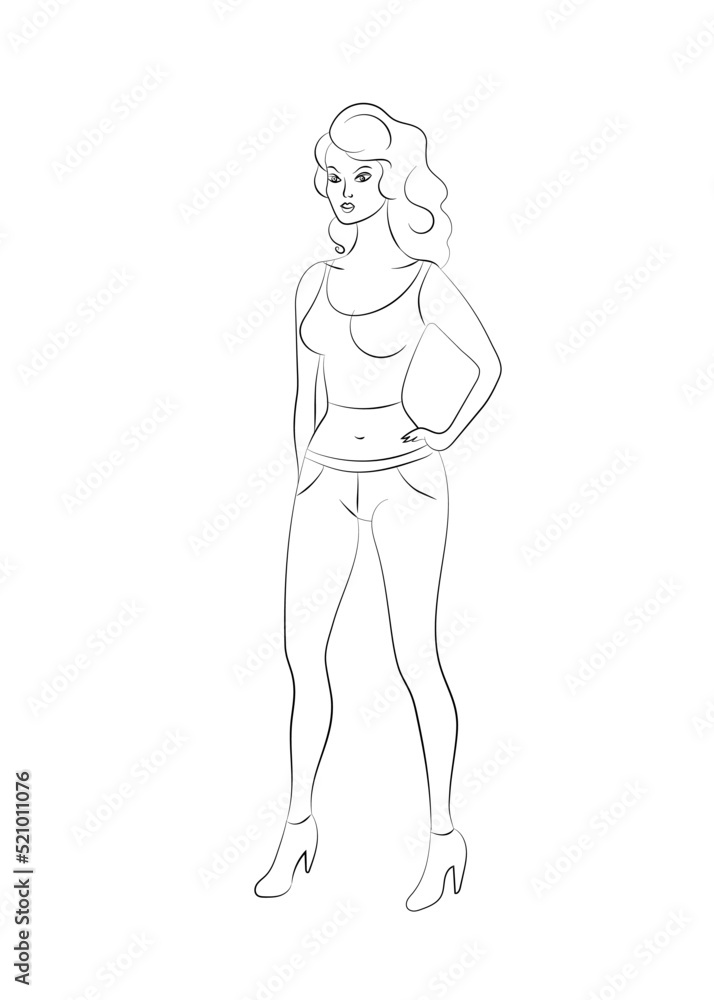 A standing woman in the style of line art. Beautiful girl in full height