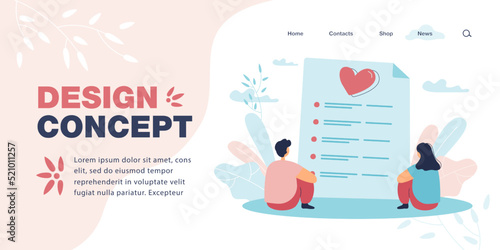 Tiny couple looking at marriage certificate. Man and woman sitting next to huge marriage contract flat vector illustration. Love, wedding concept for banner, website design or landing web page