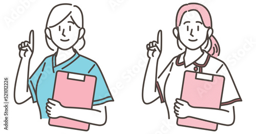Two nurses in nurse's uniform and medical scrubs smiling and holding up their index fingers [Vector illustration].