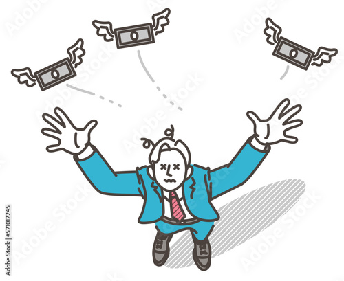 Concept of economic recession, bankruptcy and taxes. Vector illustration of flying banknotes.