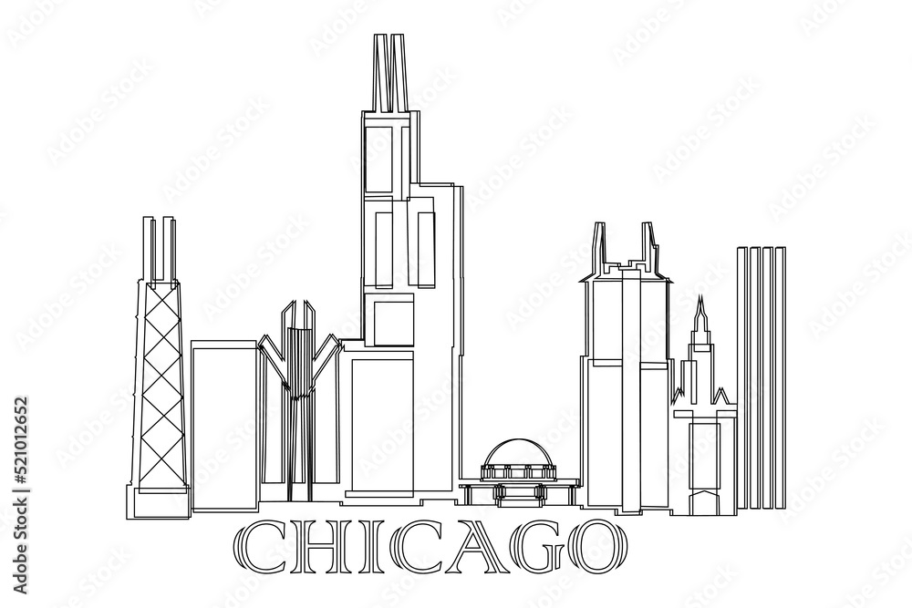 Obraz premium Chicago City skyline Line drawing. Vector illustration of landmarks and city for printing or travel advertising concept.