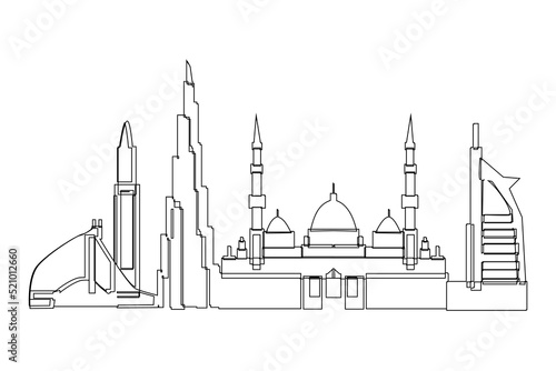 Dubai City skyline Line drawing. Vector illustration of Classic and modern buildings landmarks and city for printing or travel advertising concept.