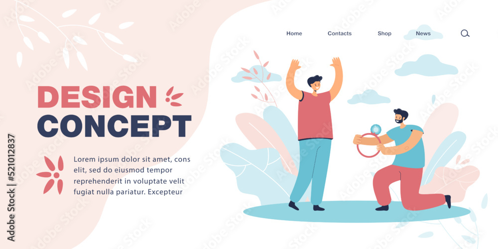 Happy man proposing to girlfriend flat vector illustration. Woman rejoicing while boyfriend kneeling and holding out engagement ring. Marriage concept for banner, website design or landing web page Happy man proposing to girlfriend flat vector illustration. Woman rejoicing while boyfriend kneeling and holding out engagement ring. Marriage concept for banner, website design or landing web page