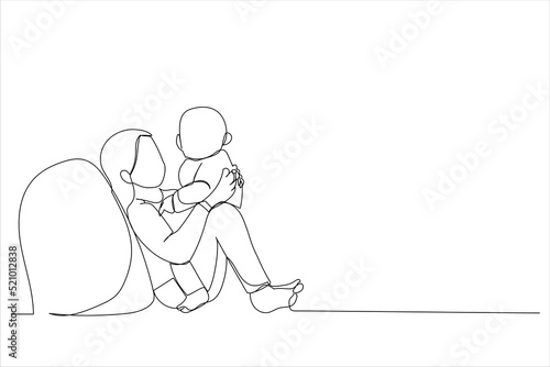 Illustration of Little sister with her baby brother. One line art style