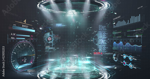Futuristic hologram of circles, dashboard. Science, interfaces, graphical interfaces. Blank display, stage, podium for show product in futuristic cyberpunk style. Virtual reality. Vector illustration