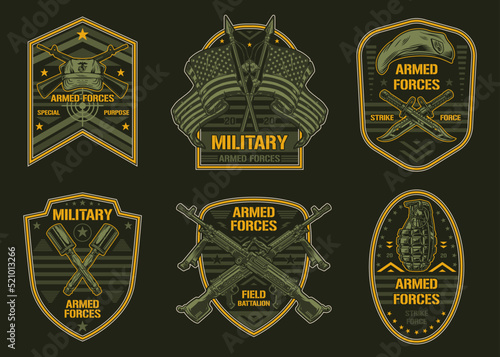 Military set colorful emblem vintage
