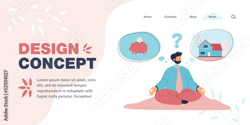 Man choosing between saving money of buying house. Male person sitting in lotus position and making decision flat vector illustration. Choice concept for banner, website design or landing web page